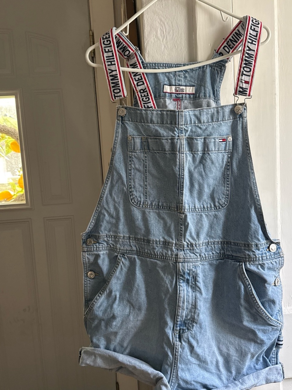 Tommy Hilfiger Light Blue Denim Short Overalls with Branded Straps